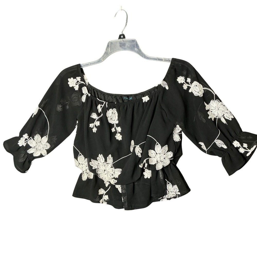Cals Black Floral Embroidered Off Shoulder Peplum Blouse Large CS220072